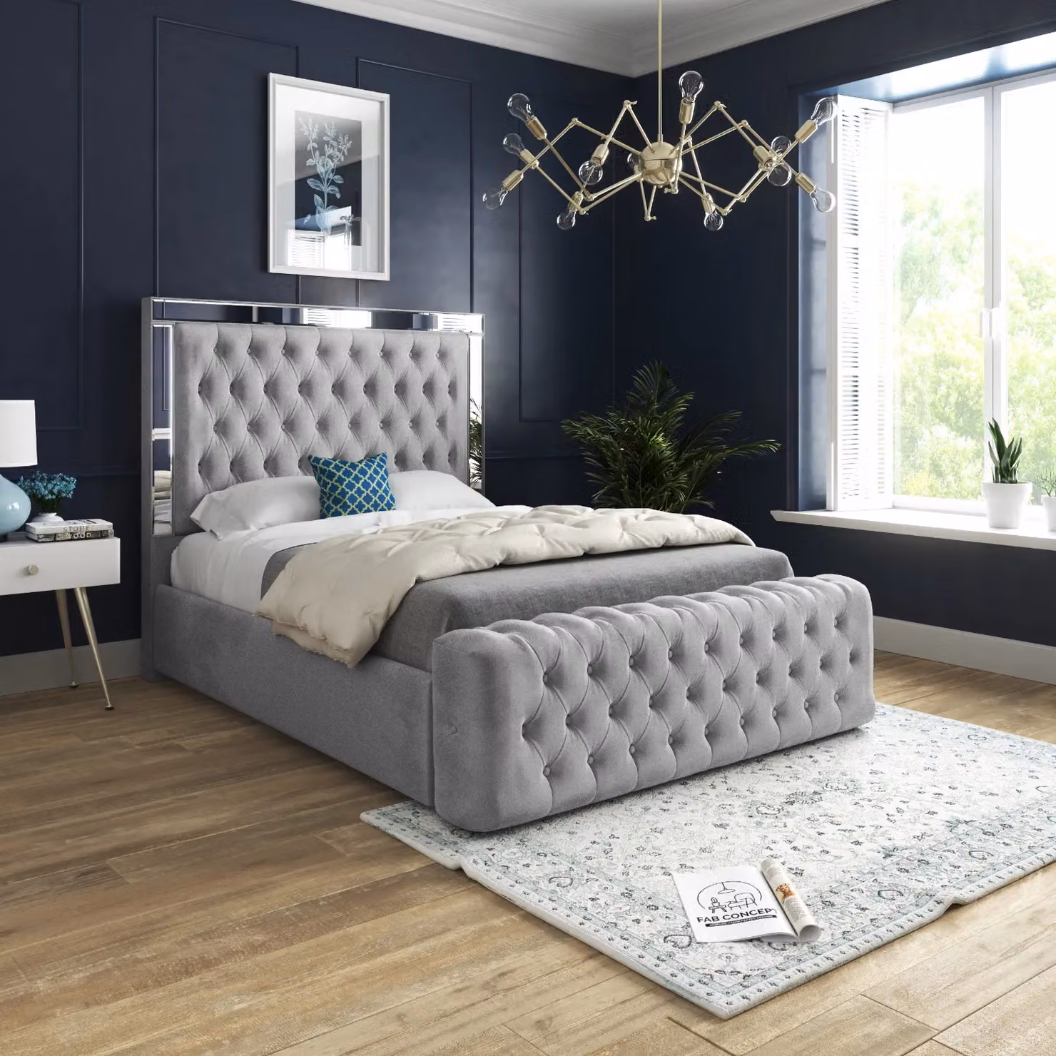 Casani KDMD Gemia Mirror Upholstered Velvet Designer Bed Frame in Grey/Silver, W/D/H: 120 x 200 cm – 2