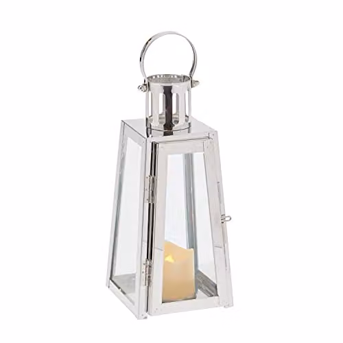 Lights4fun Trapeze Silver Stainless Steel Decorative LED Battery Operated Candle Lantern with Timer, Height: 21 cm – 5