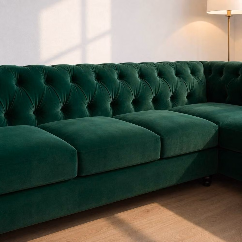 Sofaya Hampton 4 Seater L Shape Chesterfield Sofa in Green Velvet with Right Hand Chaise – 4