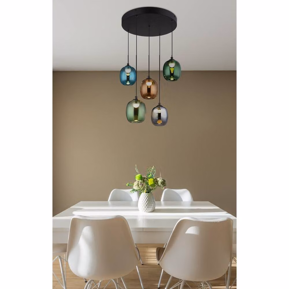 Netlighting Minara Round Cluster Pendant with Matt Black Glass Shade, 5x LED Warm White 3000K – 4