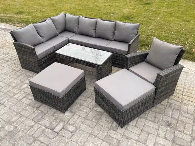 Fimous Rattan Garden Furniture Set with High Back Corner Sofa, Oblong Coffee Table, 2 Armchairs and 2 Ottomans in Dark Grey Mixed