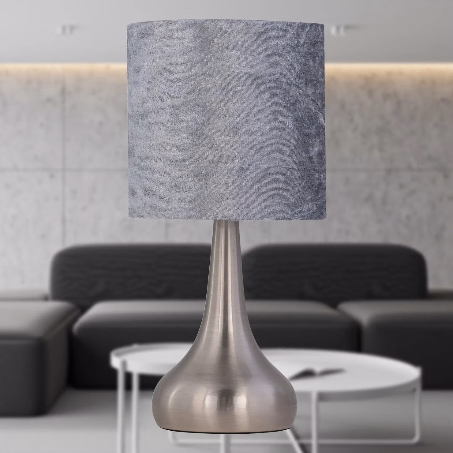 First Choice Lighting Romana Set of 2 Brushed Chrome Touch Table Lamps with Grey Fabric Shades – 4