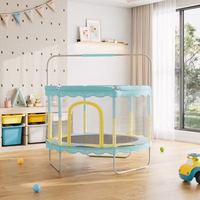 Kidkid Kids Outdoor Mini Trampoline with Balance Bar, Safety Net and Enclosure in Blue