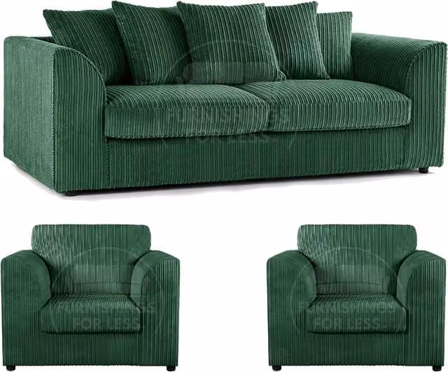 Furnishings For Less UK Luxor 3 Piece Sofa Suite in Green Jumbo Cord Fabric with Scatter Cushions