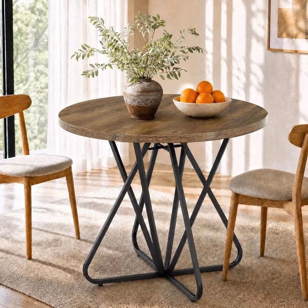 VOGREX Modern Round Dining Table in Brown, Diameter: 100 cm, Height: 75 cm – 2