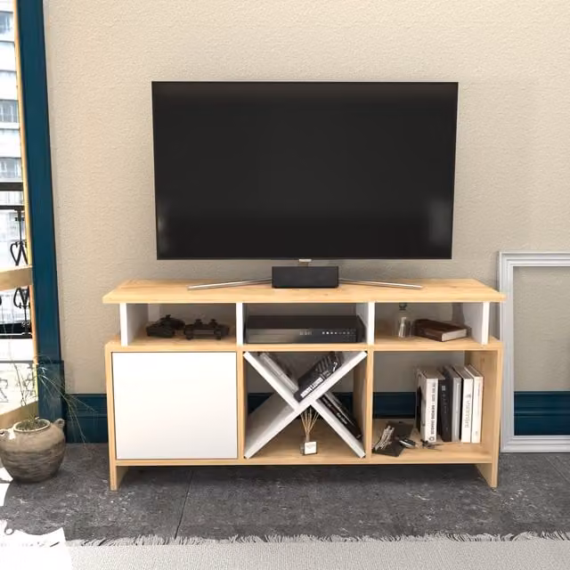Decorotika Modern Geometric Oak and White TV Unit