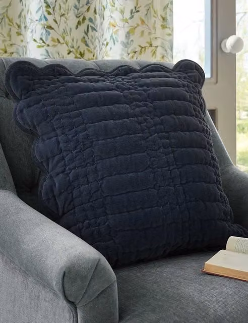 Laura Ashley Navy Blue Velvet Scalloped Square Cushion