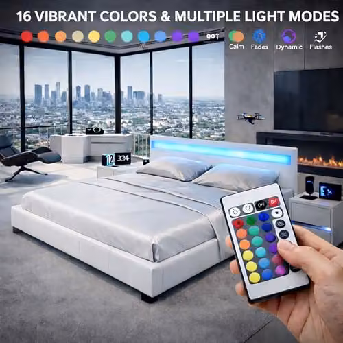 Harmin White Faux Leather Upholstered Double Bed Frame with LED Colour Changing Headboard and Under-Bed Lighting, W/D/H: 140 x 200 x 78 cm – 3