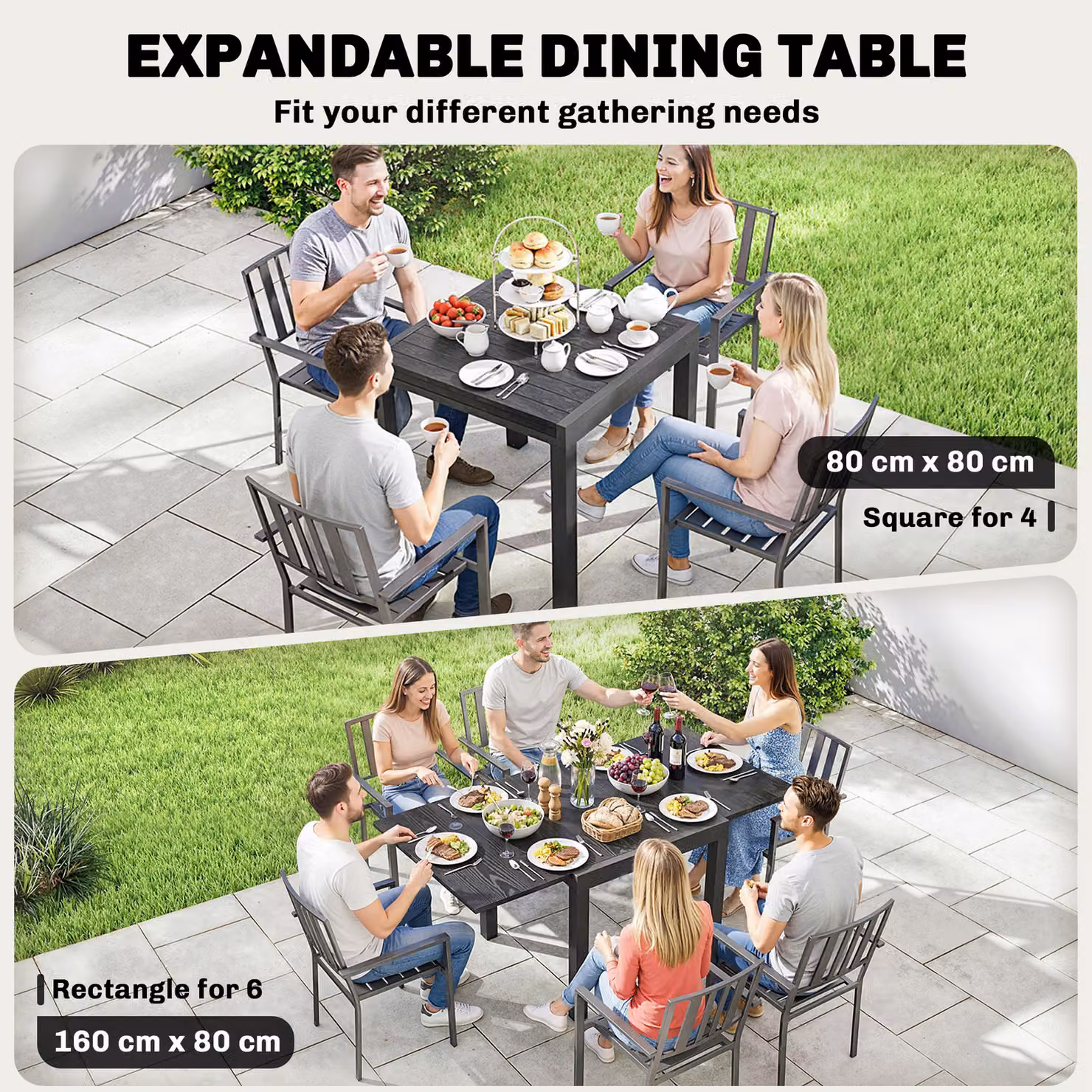 Outsunny Extendable Rectangular Garden Dining Table with Faux Wood Slatted Top, Black Aluminium – 4