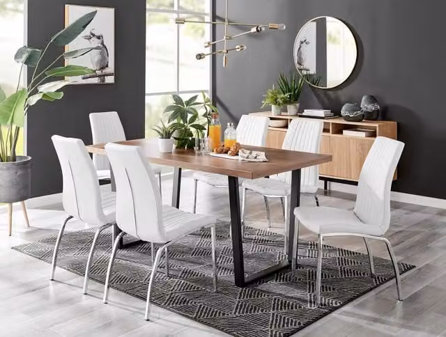 FurnitureboxUK Kylo Brown Wood Effect Rectangular Dining Table and 6 White Isco Faux Leather Chairs – 1