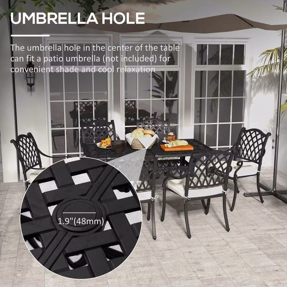 OUTSUNNY 7-Piece Cast Aluminium Patio Dining Set with Cushions and Umbrella Hole in Matt Black – 5