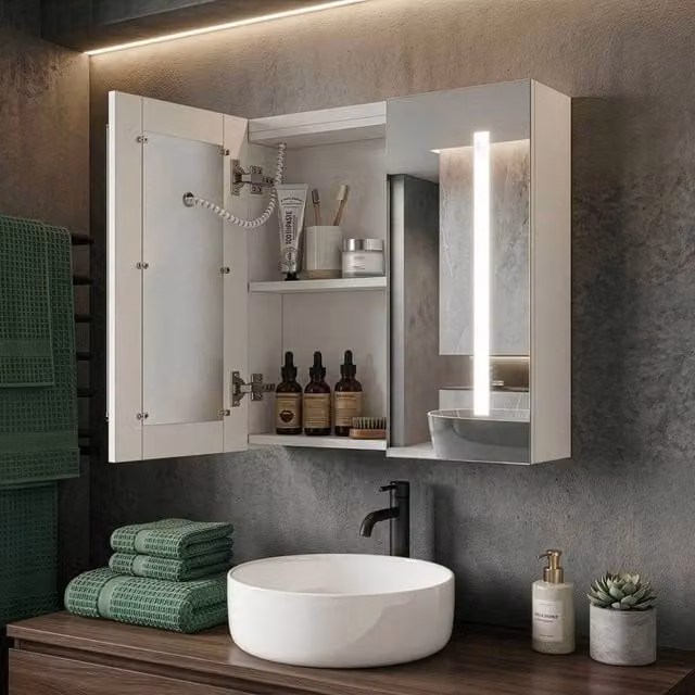 Wyld and Coco Modern Bathroom Mirror Cabinet in Silver and White with LED Lighting and Sensor Switch, W/H: 60 x 60 cm