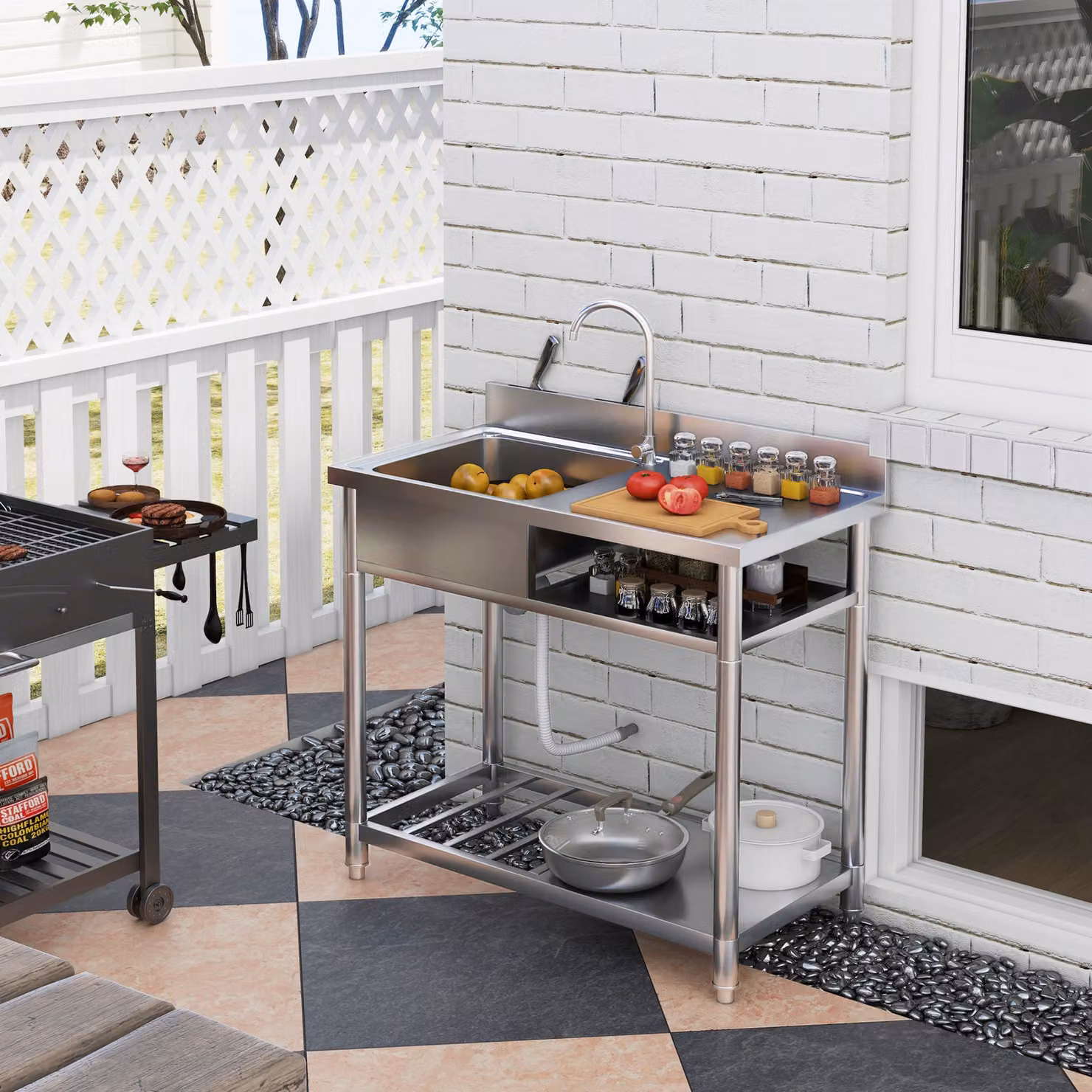 HOMCOM Outdoor Stainless Steel Kitchen Sink, Freestanding Single Bowl with Hot and Cold Water Pipes and Storage Shelves, Silver – 1