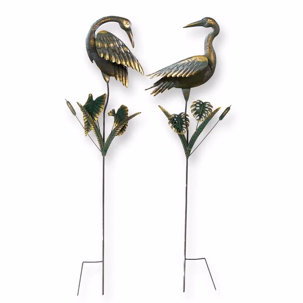 Coopers of Stortford Set of 2 Vintage Metal Crane Garden Stake Sculptures in Bronze and Green, H100 x W32 cm – 2