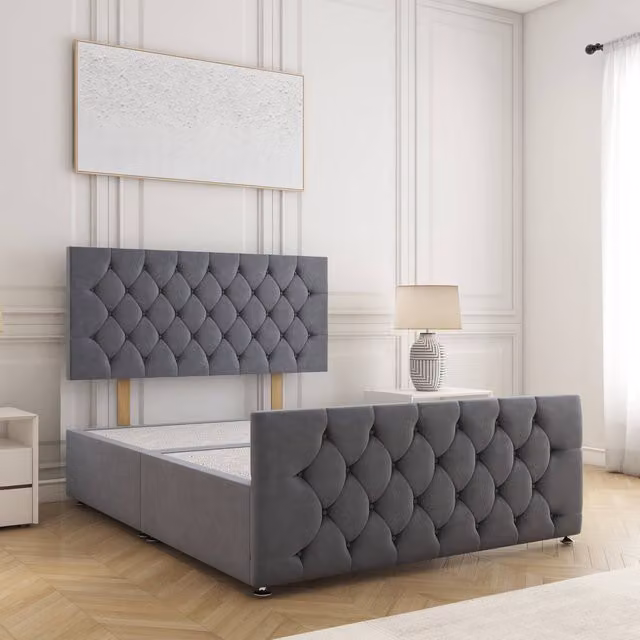 BSSPOKE Maya Plush Velvet Super King Divan Bed Frame with 24 inch Headboard in Grey