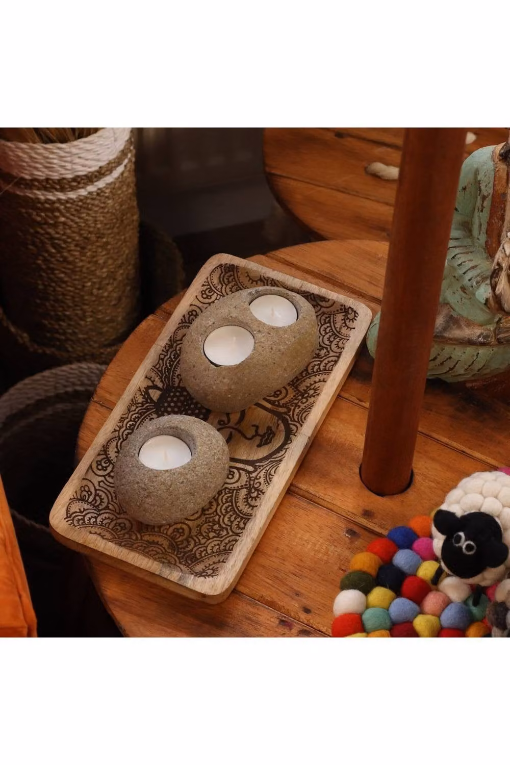 KDMD Natural Riverstone Double Tealight Candle Holder and Nightlight in Brown – 4