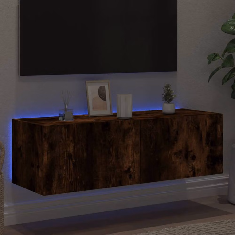 Berkfield Home Modern Wall Mounted TV Cabinet with Integrated LED Lights in Smoked Oak Brown, W/D/H: 100 x 35 x 31 cm – 4