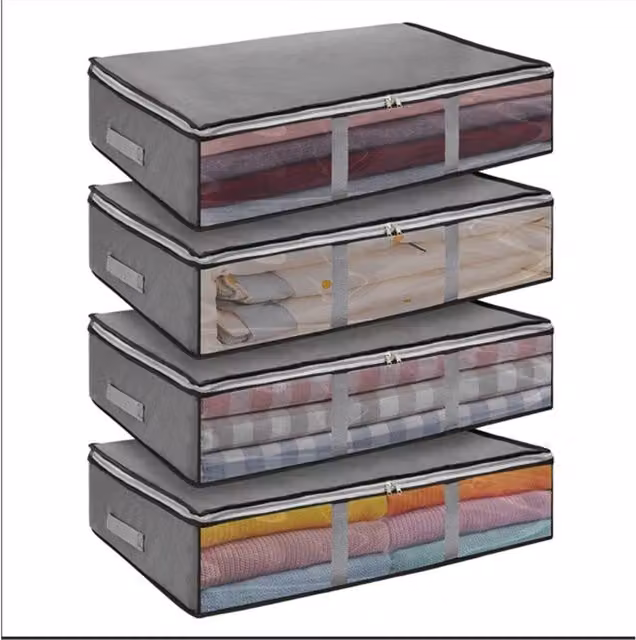SPETLEK 4 Pack Foldable Fabric Under-Bed Storage Boxes with Lid, Grey