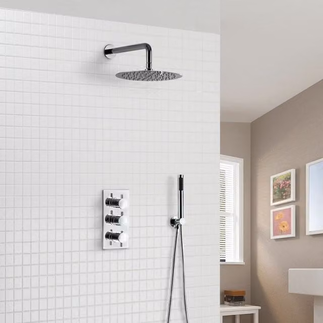 Nes Home Calla Concealed Thermostatic Shower Set with Slim Overhead Shower Head and Pencil Handset in Silver Chrome