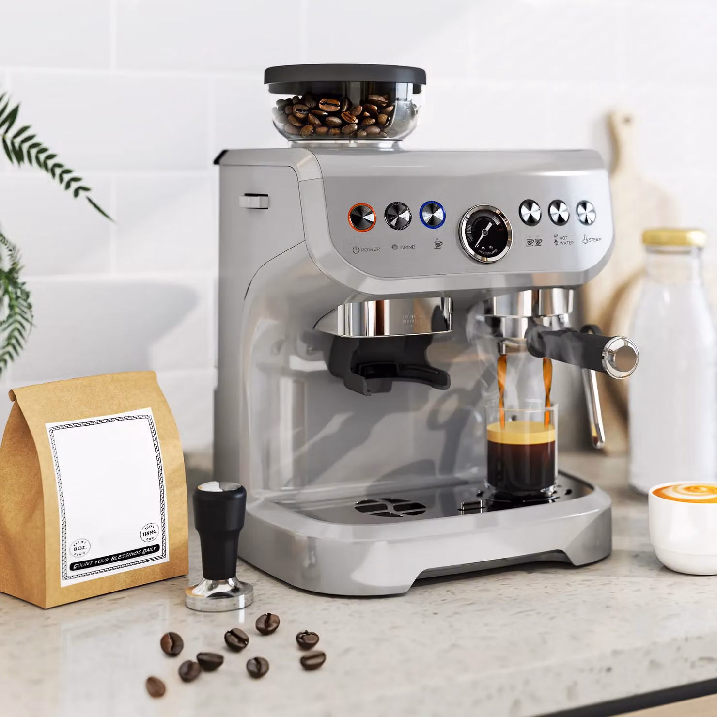HOMCOM Silver Espresso Machine with Bean Grinder, Steam Wand, Hot Water Function and Cup Warmer – 2