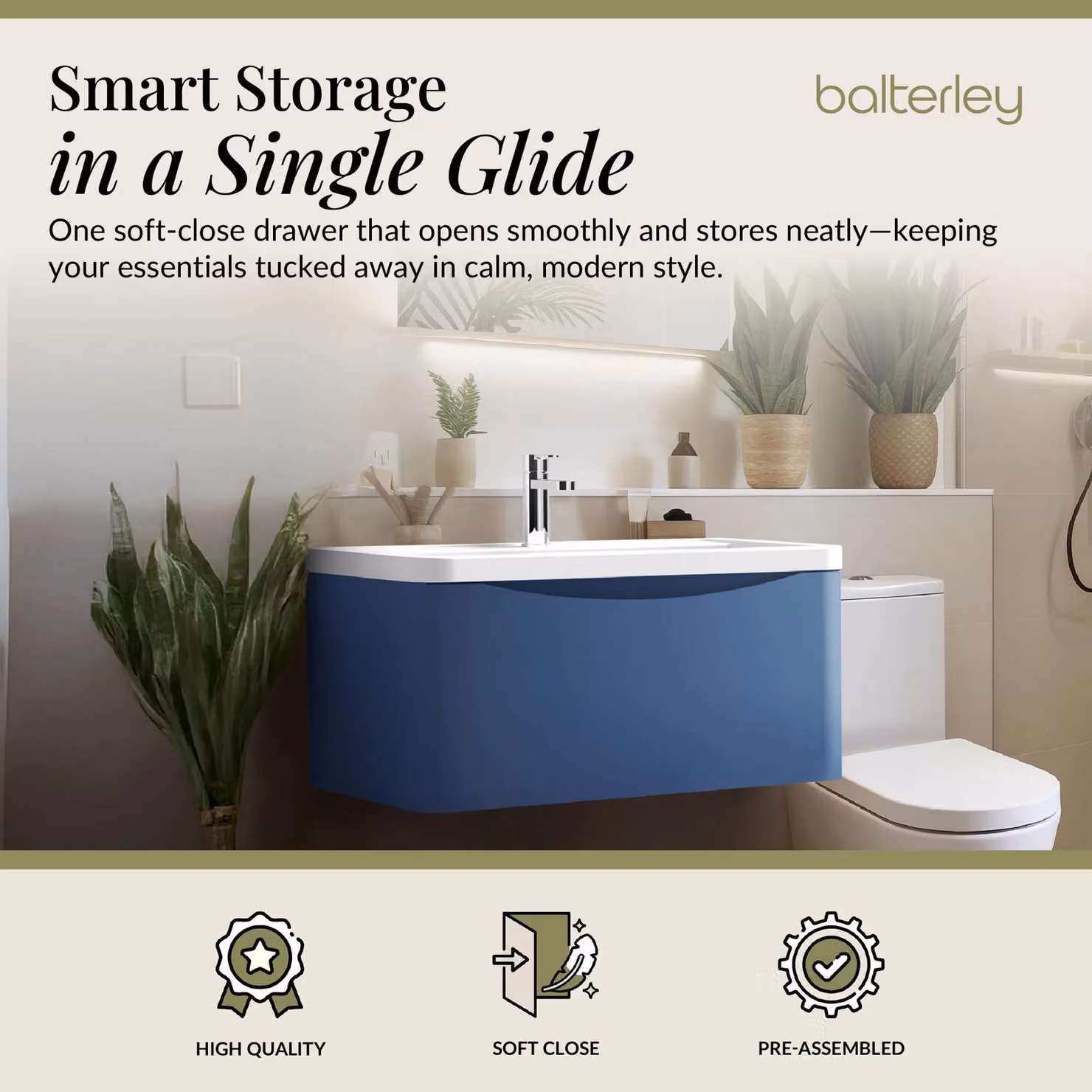 Balterley Wall Hung 1 Drawer Bathroom Vanity Unit and Basin, Satin Blue, Width: 75.5 cm – 2