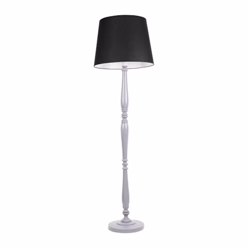 ValueLights Victoria Traditional Grey Wood Floor Lamp with Black Fabric Tapered Shade and LED Bulb – 1