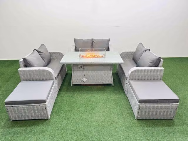 Fimous 8 Seater PE Wicker Rattan Garden Furniture Set in Light Grey with Firepit Dining Table, 2 Seater Love Sofa and 2 Large Footstools