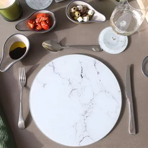 Harbour Housewares 12pc Round Glass Placemats and Coasters Set, White Marble Effect, Diameter: 30 cm – 5