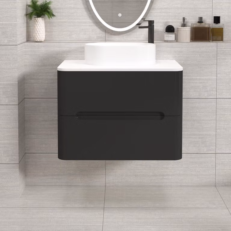 Royal Bathrooms Venice 700mm Wall Hung Vanity Unit in Matt Nocturne Black with 2 Drawers, Plain White Worktop and Peak Basin
