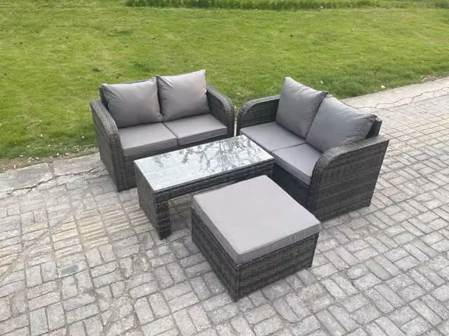 Fimous High Back Rattan Garden Furniture Set in Dark Grey with 2 Seater Sofa, Coffee Table and Ottoman