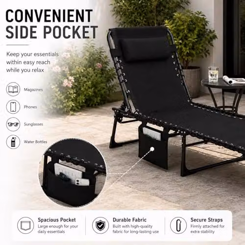 SHATCHI Black Folding Sun Lounger with 5-Position Adjustable Headrest and Textilene Fabric, W/D/H: 185 x 120 x 58 cm – 6