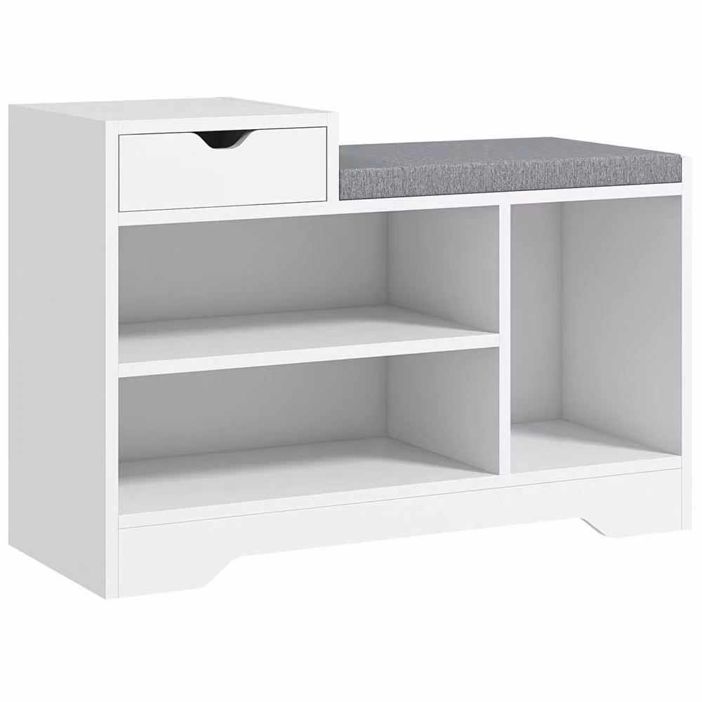 Wyld Haus Norata White Shoe Bench with Grey Fabric Cushioned Seat and Multi-Compartment Shoe Rack – 2