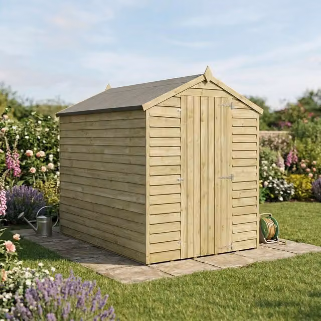 Waltons Brown Overlap Apex Wooden Garden Storage Shed with Single Door, W: 213.36 cm, D: 152.4 cm, H: 152.4 cm