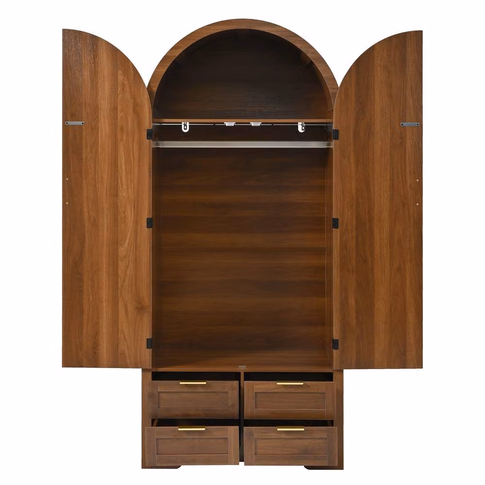 Merax Modern Walnut Double Wardrobe with Rattan Details, Internal Drawers and Hanging Rail, H 180 cm x W 100 cm x D 50 cm – 3