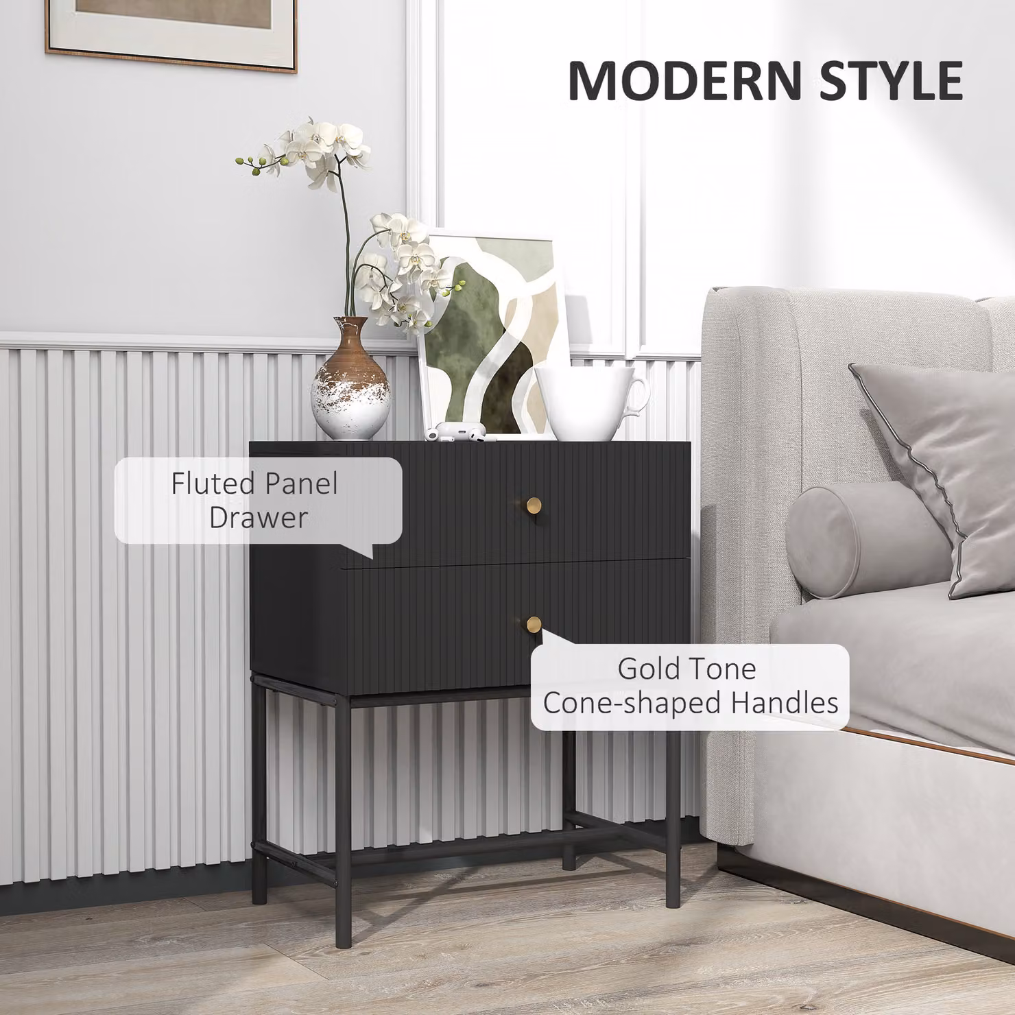 HOMCOM Set of 2 Elegant Two-Drawer Bedside Tables in Black and Gold – 4