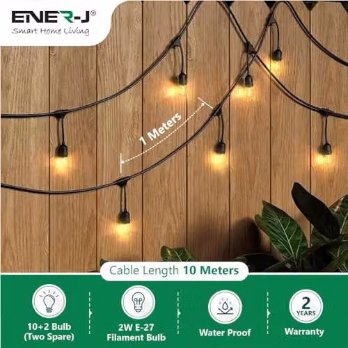 ENERJ 10.2m Outdoor LED Festoon String Lights with 10 x 2W E27 Vintage Filament Bulbs, IP65 Waterproof, Warm White, Black – 4