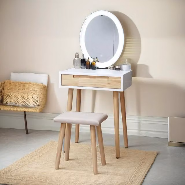 FURNOS White Hollywood LED Vanity Dressing Table with Mirror and Cushioned Stool – 1