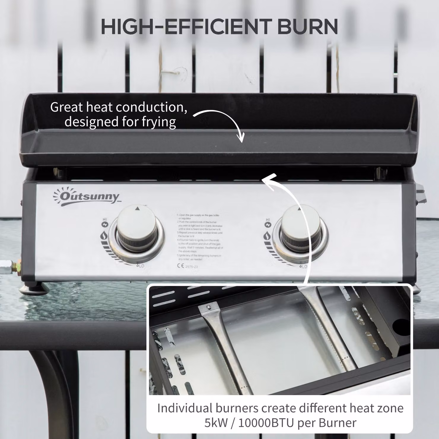 OUTSUNNY Silver Tabletop Gas Plancha Grill with Stainless Steel Burner and Griddle, W: 48.5 cm, D: 48.5 cm, H: 23.0 cm – 3