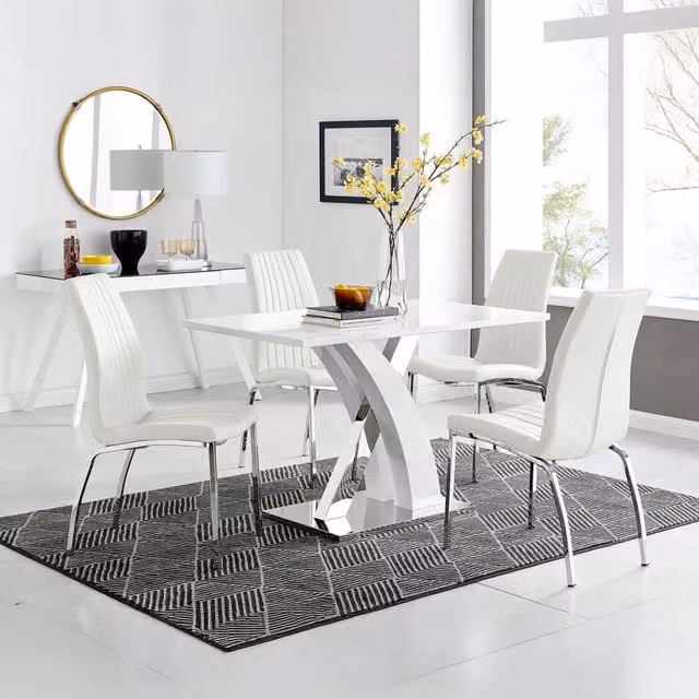 FurnitureboxUK Atlanta White Gloss and Chrome Rectangle Dining Table and 4 Isco Dining Chairs Set
