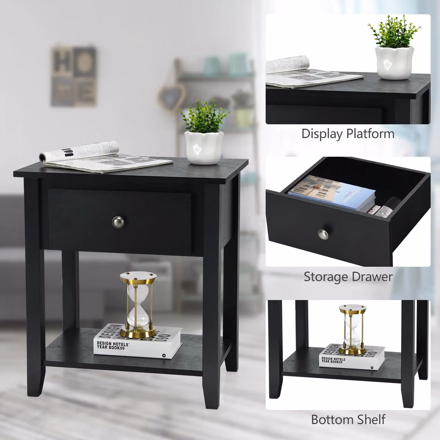 Costway Black Wooden Accent Table and Narrow Side End Table with Storage Cabinet – 4