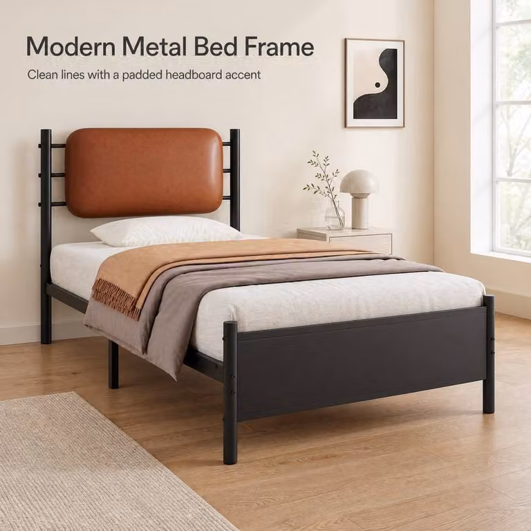 STILVORA Single Bed Frame with Upholstered PU Leather Headboard in Black, W/D/H: 90 x 190 cm
