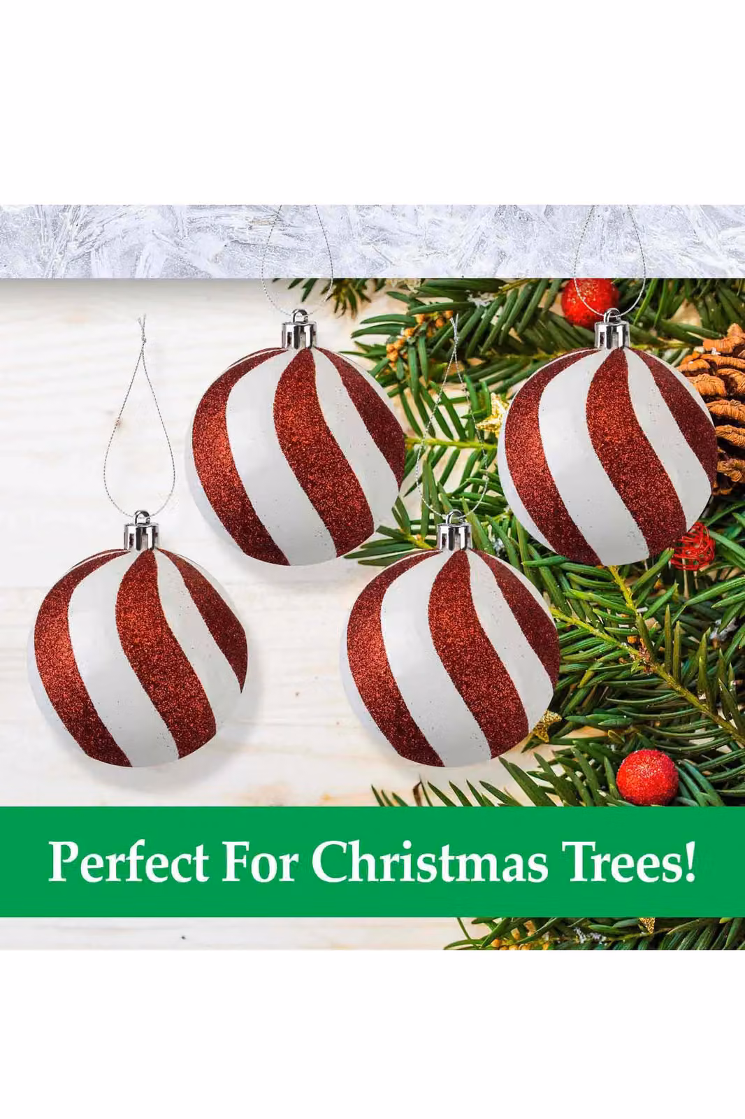 VFM Red and White Striped Candy Cane Baubles, 4 Pack, Diameter: 8 cm – 2