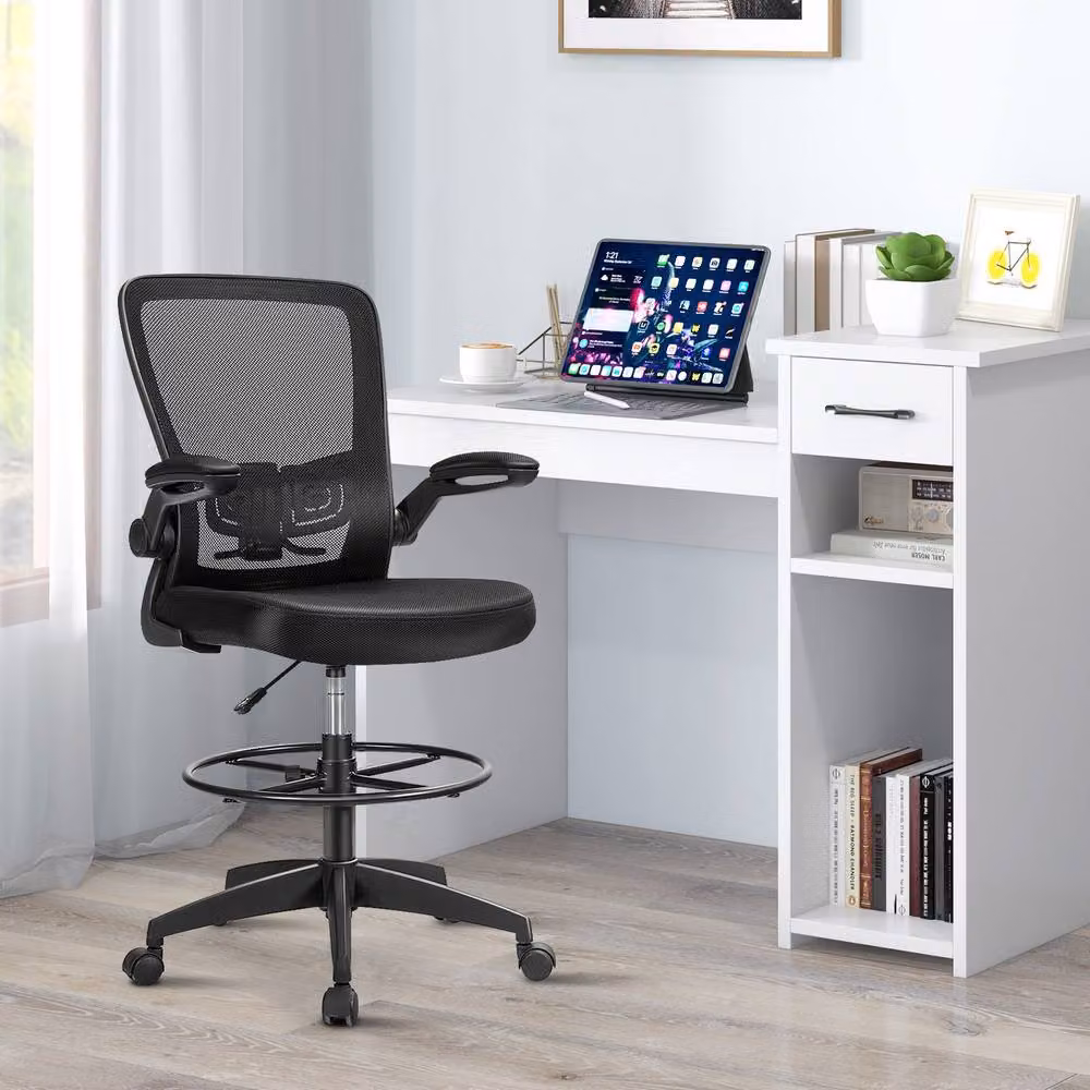 Gymax Ergonomic Black Mesh Drafting Chair with Flip-up Armrests and Swivel Base – 7