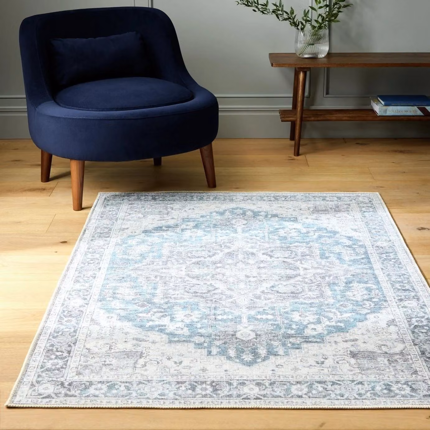 Blue Vintage Effect Distressed Turkish Style Rectangular Rug, W: 160 cm, L: 230 cm