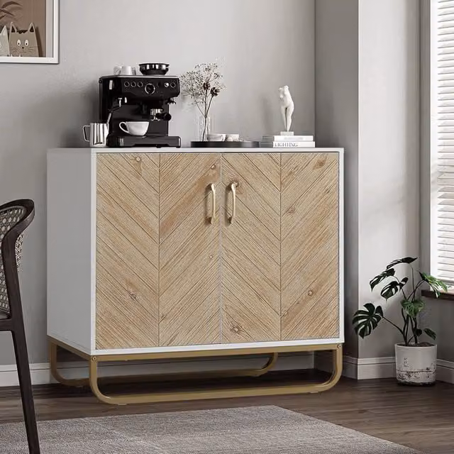 Livingandhome Modern White Wooden Dual-Door Side Storage Cabinet with Internal Shelves