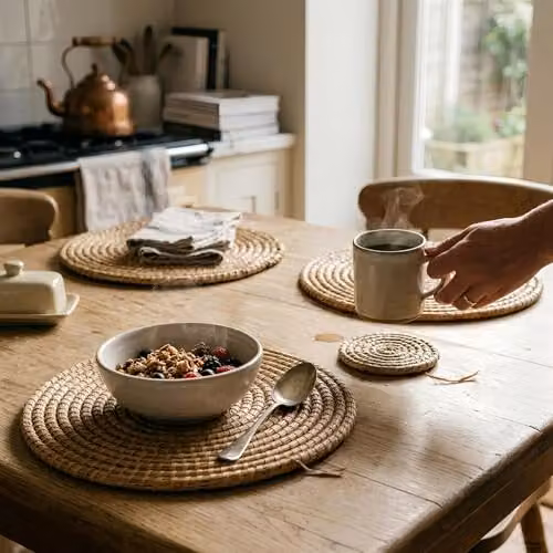 Argon Tableware Round Woven Palm Leaf Coasters, Set of 6, Brown or Beige, Diameter: 10 cm – 3
