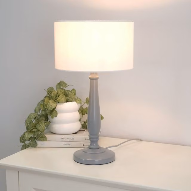 ValueLights Classic Victoria Grey Table Lamp with White Fabric Drum Shade
