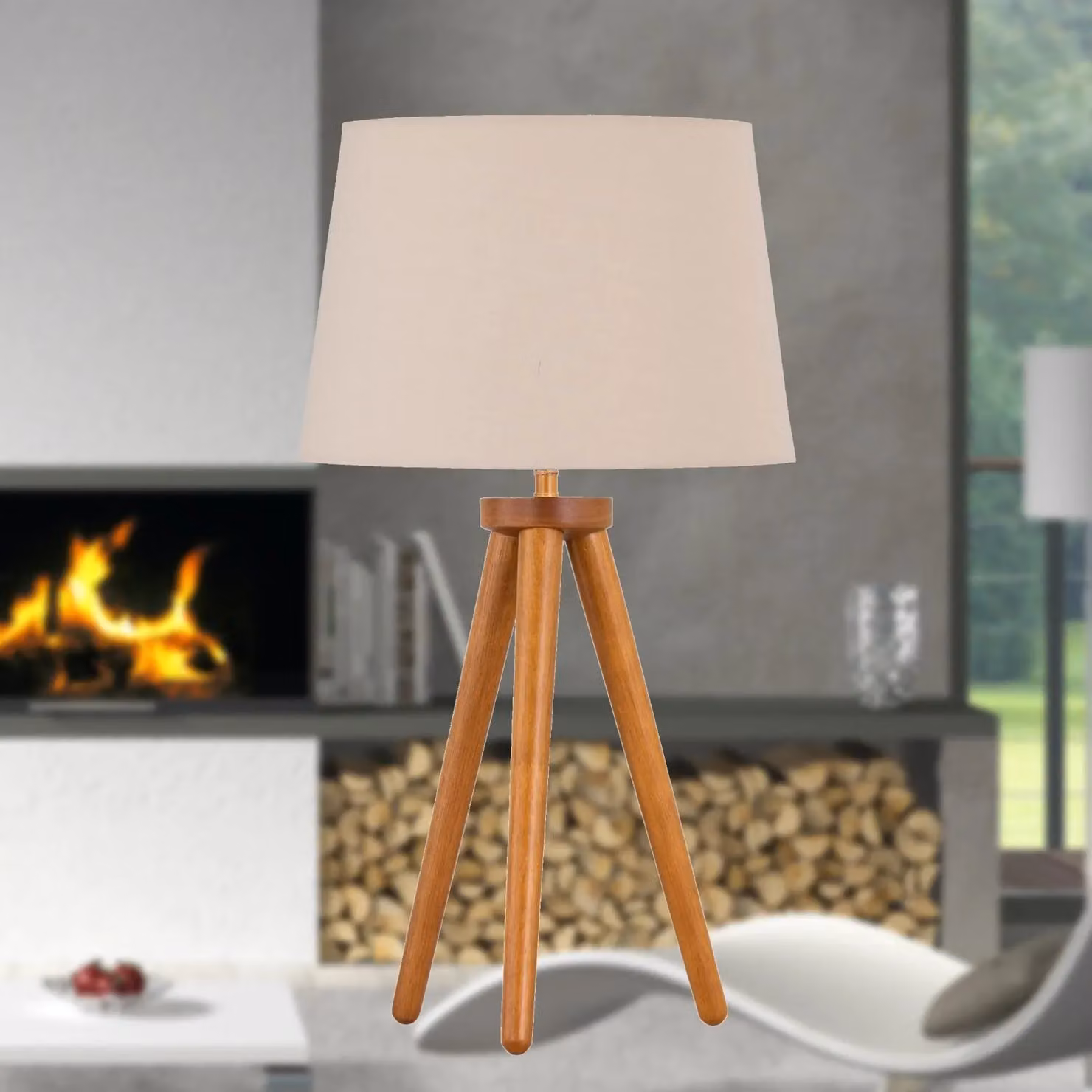 First Choice Lighting Voyage Brown Wood Table Lamp with Beige Fabric Shade – 2