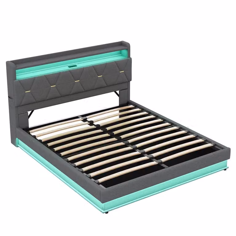 Matteo King Grey Linen Upholstered Storage Bed with LED Lighting and USB Charging Station, W: 180 cm, D: 200 cm