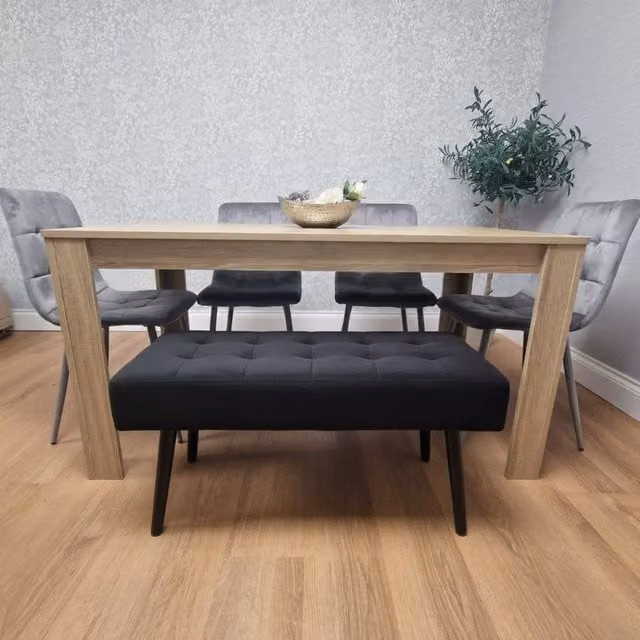 Kosy Koala Oak Effect Dining Set with Rectangular Table, 4 Velvet Chairs and Bench in Grey